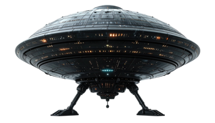 Futuristic saucer-shaped craft with intricate design and landing legs on a black background