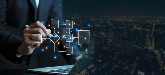 Businessman designing digital workflow diagram with process flowchart and data connections over city background, representing business process management, automation, system integration.