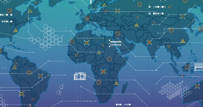 Animation of data processing over world map against purple gradient background