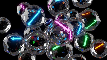 Glass spheres with glowing neon arrows for data flow and quantum computing technology concept