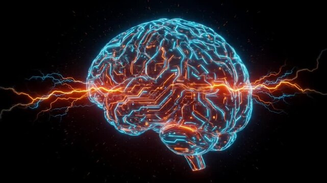 4K Futuristic Brain Video: Glowing Neon AI Circuitry with Electric Sparks - Neural Network Concept