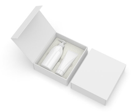 Eco-friendly cosmetic packaging with blank skincare bottles placed in biodegradable mushroom mesh tray and seaweed-based protective insert, presented in a minimal white box. Sustainable packaging conc