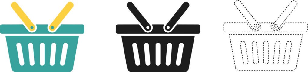 Obraz premium Collection of shopping basket icons, retail commerce symbols, grocery store elements, and digital e-commerce market vector graphics for web design.
