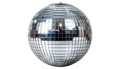 Gleaming sphere composed of mirrored squares, reflecting light, commonly used at parties