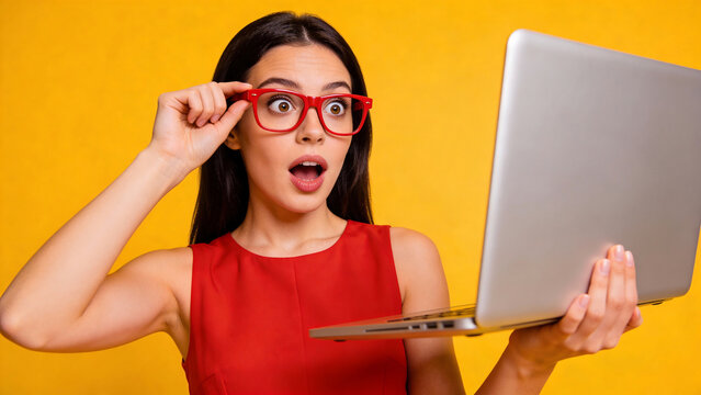 Young woman showing surprise while seeing something on laptop