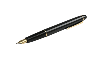 Glossy black and gold fountain pen against a stark black background