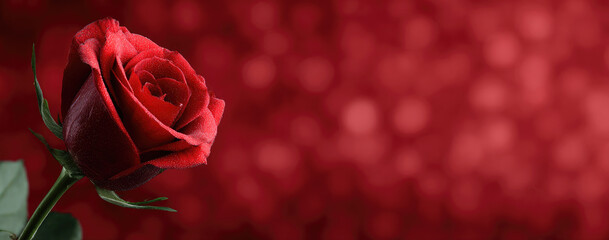 Single red rose with bokeh lights on deep red background