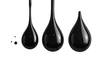 Glossy, black fluid teardrops are suspended against a dark void background. Smooth and reflective