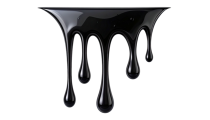 Glossy black liquid, oozing down, droplet formation with a pure, black background