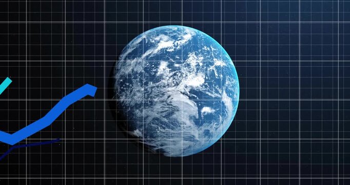 Animation of growing graphs, grid pattern and globe over black background