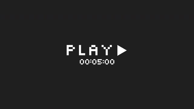 VHS tape playing play button symbol with a timer on black, suitable for technology websites, video platforms, gaming content, and digital marketing.