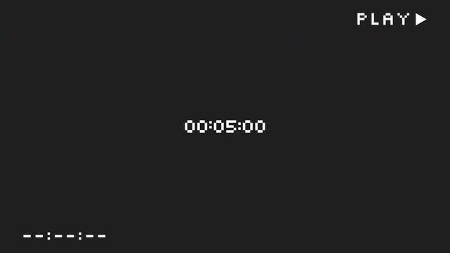 VHS tape playing displaying timecode and play symbol, ideal for video editing tutorials or media production content creation. Suitable for video backgrounds.