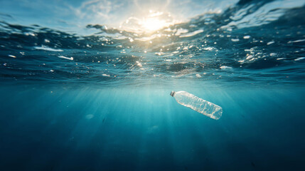 Water bottle floats in ocean with sun shining above during daytime