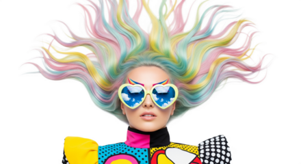 Surreal fashion portrait of a woman lying flat, vibrant pastel rainbow hair flowing around her, heart-shaped sunglasses reflecting blue sky clouds, playful pop art aesthetic, bold colors, high-fashion