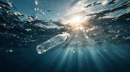 Plastic bottle floats in water while sunlight shines from above
