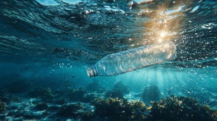 Plastic bottle floating in water under sunlight near coral reef