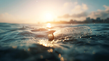 Plastic bottle floats in ocean waters during sunset near coastal city skyline