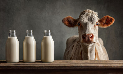 Cow stands in front of three glass bottles filled with milk on a wooden table