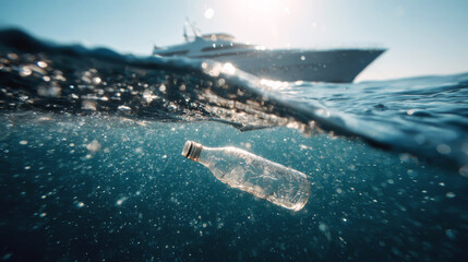Clear water with a bottle floating beneath a boat in the ocean environment