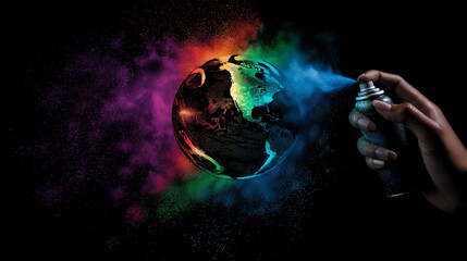 Faceless hand spraying vibrant rainbow colors onto sketched globe, unity and diversity symbolism, artistic global representation, with copy space