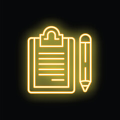 Fototapeta premium Neon icon of a yellow clipboard and pencil glowing on a black background