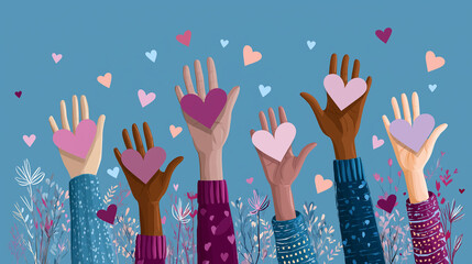 Colorful hands reaching for hearts in whimsical animation celebrating unity and diversity, playful inclusion visualization, with copy space