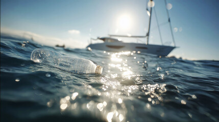 Floating plastic bottle in the ocean with a boat in the background on a sunny day