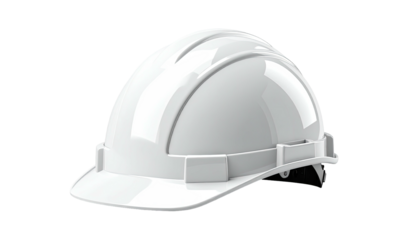 Glossy, bright white construction helmet with a chin strap, isolated on a black background