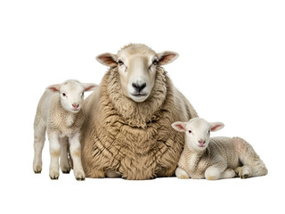 Fototapeta premium Cute mother sheep with her two adorable baby lambs, one standing and one lying, illustrating a tender farm animal family moment with cream wool, isolated on transparent background.