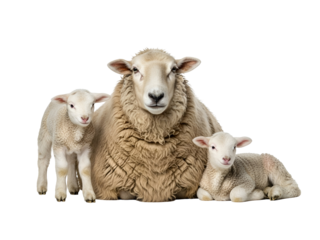 Cute mother sheep with her two adorable baby lambs, one standing and one lying, illustrating a tender farm animal family moment with cream wool, isolated on transparent background.