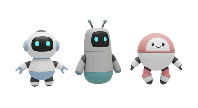 3D icons for robotics and technology: robots, androids, and space bot, isolated on transparent background