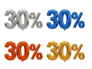 Thirty percent discount balloons in four colors isolated on transparent background