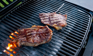 Grilling steaks on a barbecue in a backyard during the afternoon sun