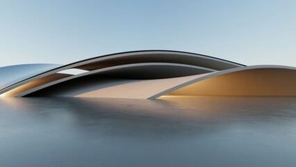 Naklejka premium Abstract curved architecture background, Exterior space with empty concrete floor, Futuristic modern building for car presentation backdrop, 3d rendering