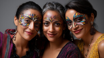 Obraz premium Faceless women with vibrant body paint displaying artistic designs, collective creativity and cultural celebration moment capture, with copy space