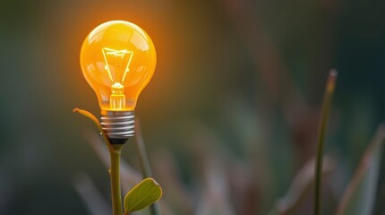 Light bulb sits on a green plant, representing innovation and growth in nature at sunrise
