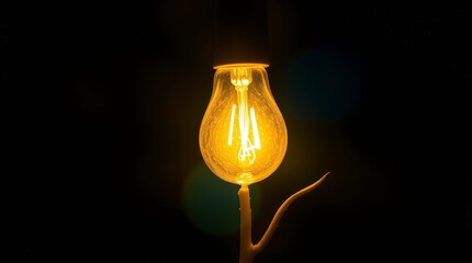 Glowing light bulb placed on a dark background, illuminating the surrounding space at night