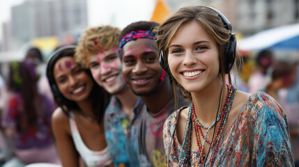 Fototapeta premium Faceless vibrant group expression with colorful radiant smiles and headphones, joyful multicultural scene, audio culture celebration, with copy space