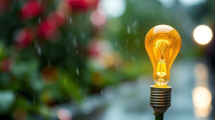 Light bulb shines bright in the rain surrounded by blooming flowers at a garden during a cloudy day