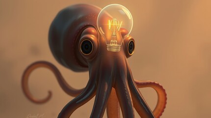 Octopus with light bulb on its head in underwater setting during daylight