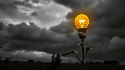 Light bulb shines bright against dark clouds in the evening sky