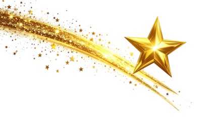 Glossy golden star trailing sparkling light across a solid black background, creating a festive effect