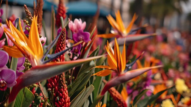 Vibrant Madeira Flower Festival Display with Orchids, Bird of Paradise, and Colorful Floral Arrangements for Celebration and Cultural Events