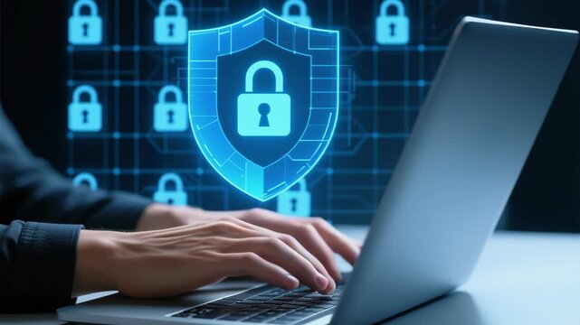 Information security and file encryption system. Secure data storage. Businessman using laptop computer with data protection system.