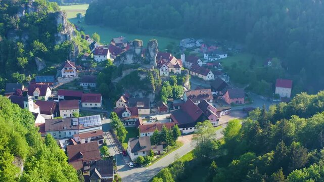 Aerial view of the city part Pottenstein im Tal  in Germany on a sunny morning in spring. 