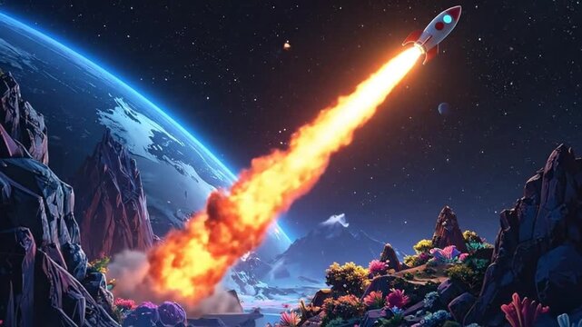 Rocket Launching into Space Above the Planet Earth with Beautiful Scenery.