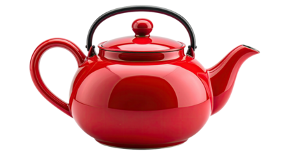 Glossy red ceramic teapot with a black handle, spout, and lid knob, isolated on black