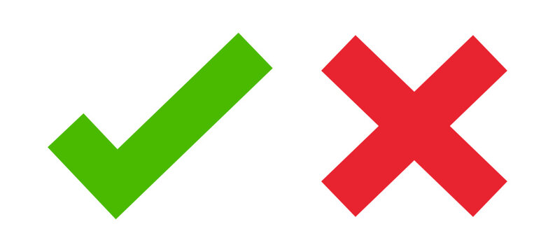 Right and wrong buttons. Yes or no check mark icons in green tick box and red cross. Set of red X and green check mark. 
Tick and X mark icon for apps and websites