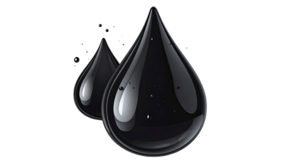 Glossy, reflective two liquid droplets, one in front of another, against a black background