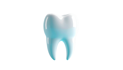 Glossy rendered tooth, white enamel, blue tint, isolated against a black backdrop